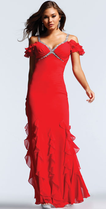 Scarlet Sheathe Off The Shoulder And Sweetheart Low Back Floor Length Ruches And Sequins Evening Dresses
