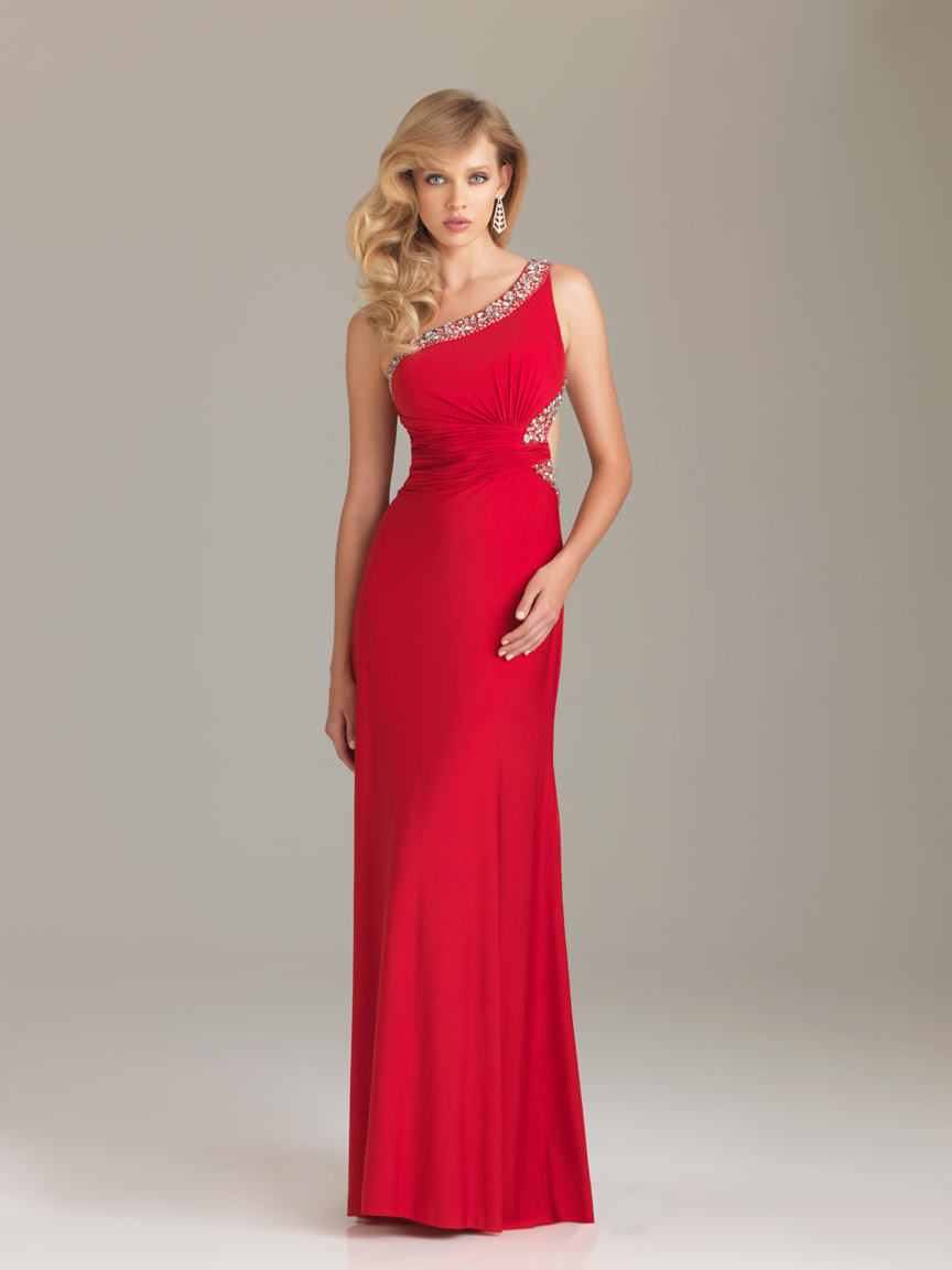 Scarlet Column One Shoulder Open Back Sequined Floor Length Chiffon Evening Dresses