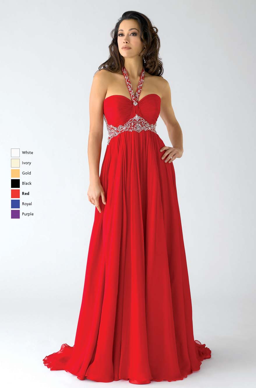 Scarlet Empire Halter Low Back Sweep Train Chiffon Full Length Prom Dresses With Beading And Pleats