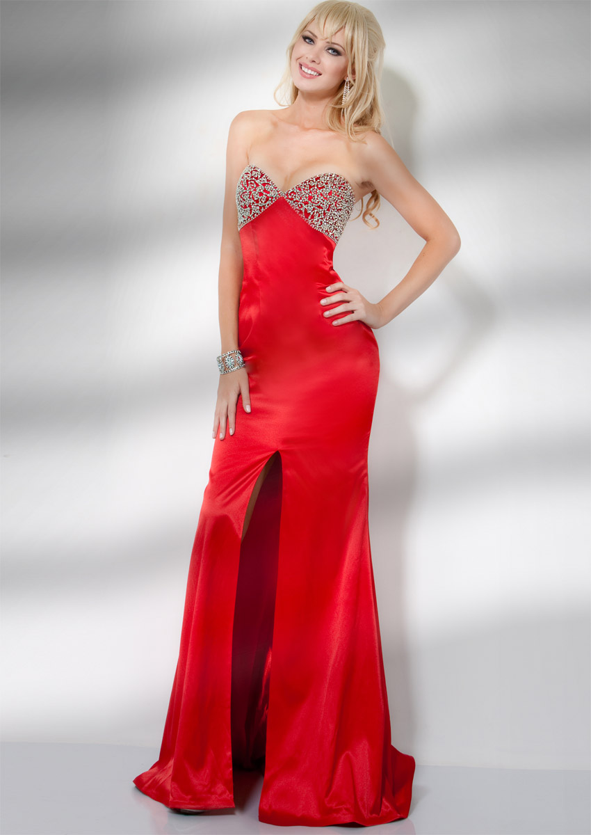 Scarlet Mermaid Strapless Sweetheart Zipper Sweep Train Beading Floor Length Evening Dresses With High Slit 