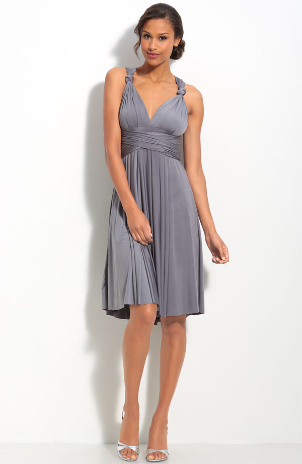 Silver A Line Deep V Neck And Strap Cross Back Pleated Knee Length Prom Dresses
