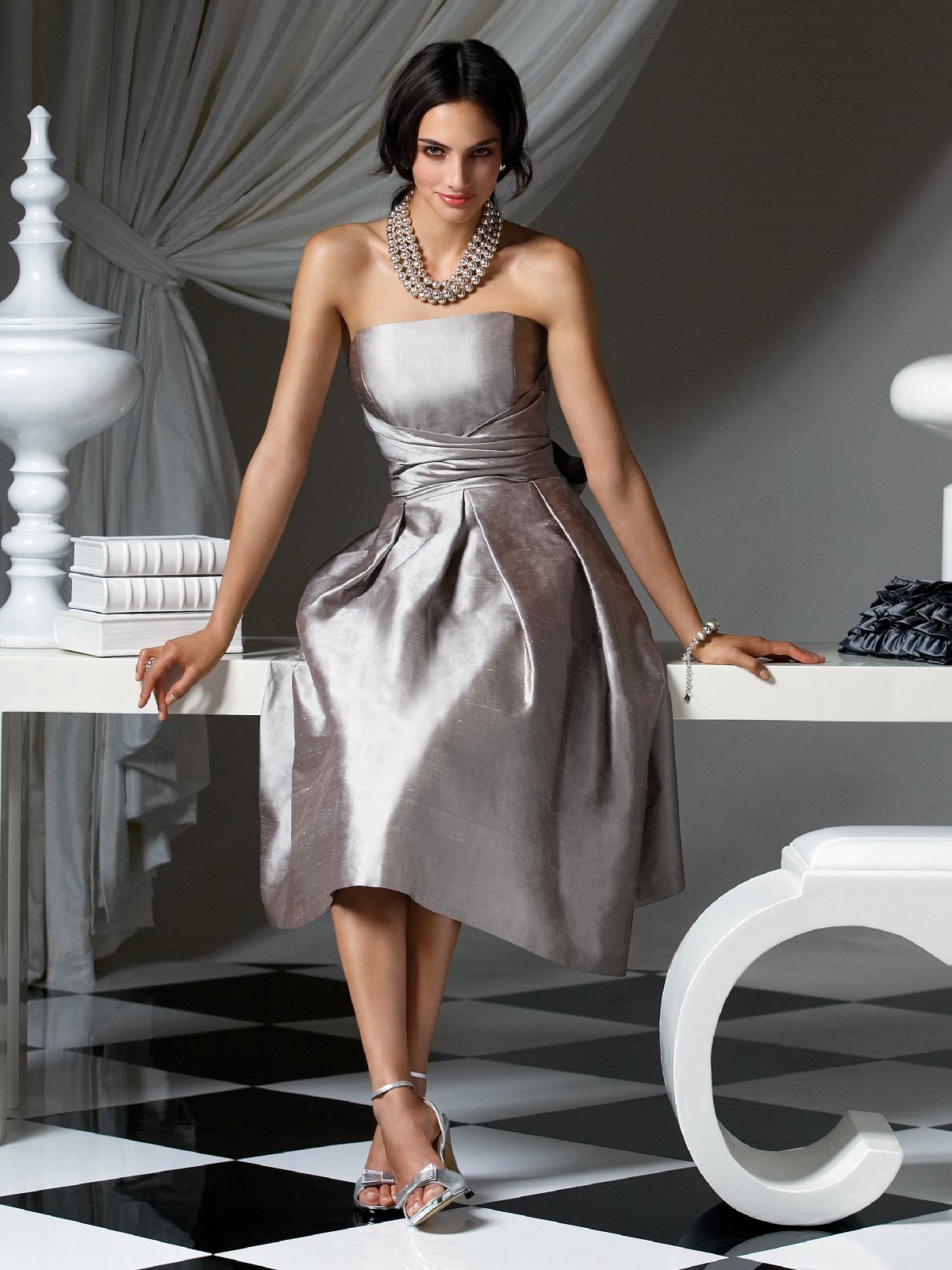 Silver A Line Strapless Zipper Tea Length Prom Dresses With Draped Waist