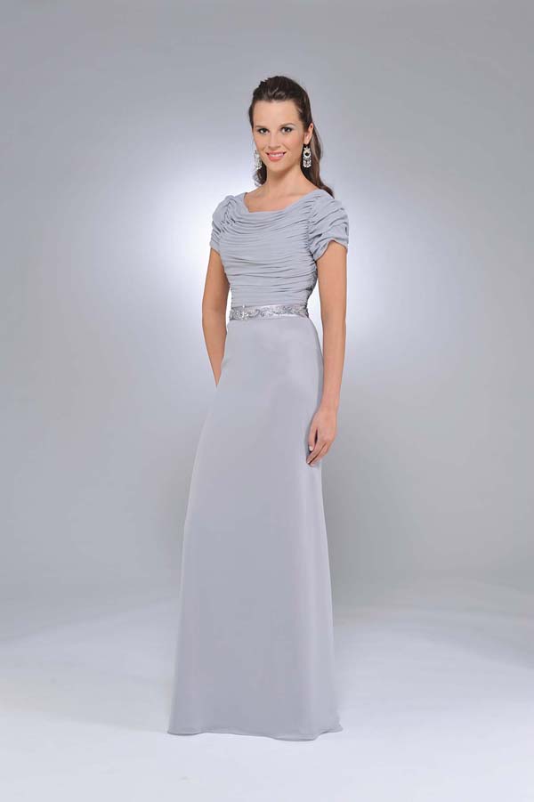 Silver Column Scoop And Short Sleeve Floor Length Chiffon Prom Dresses With Drapes And Belt 