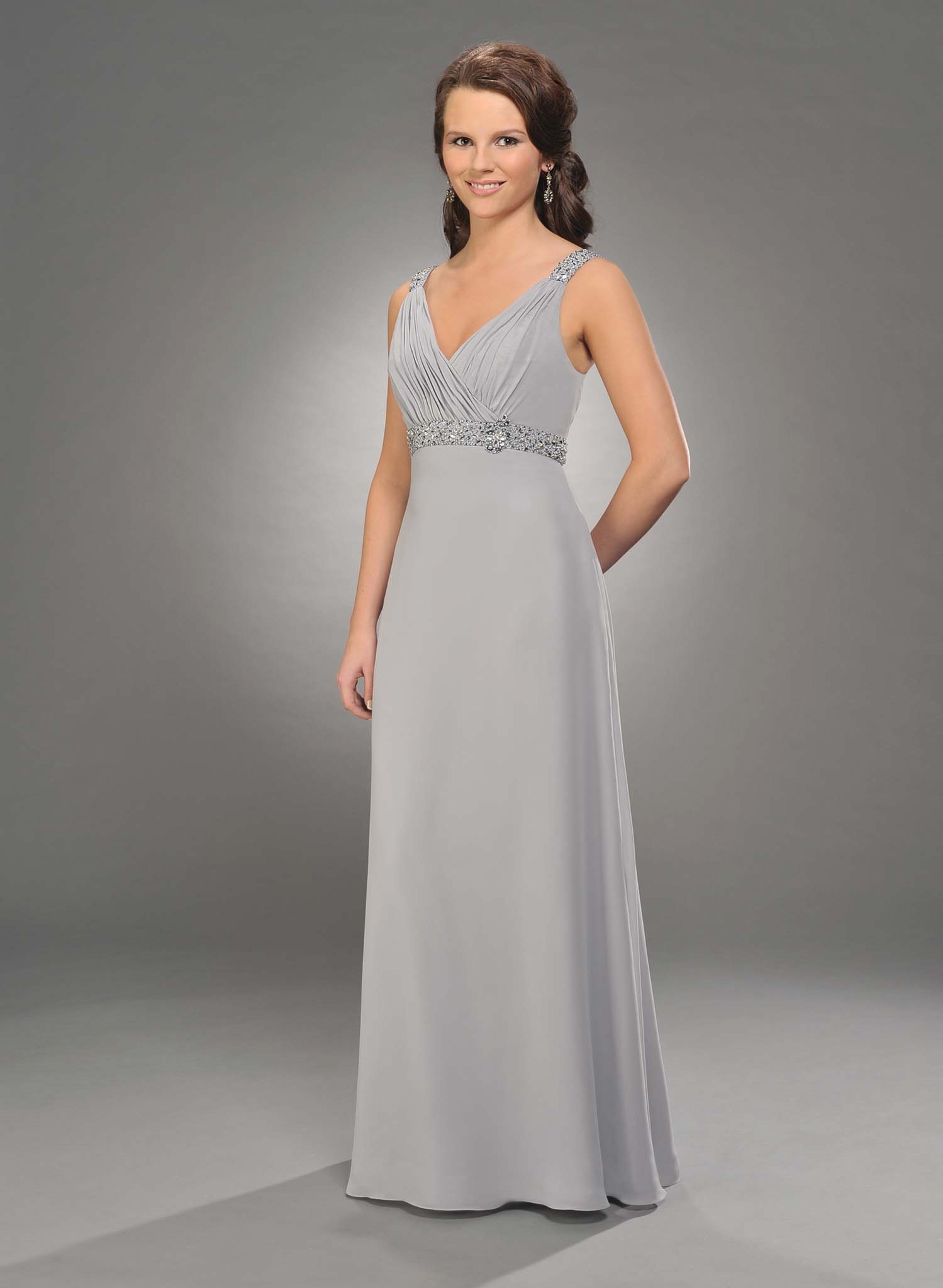 Silver Empire V Neck And Strap Low Back Full Length Chiffon Prom Dresses With Beading And Drapes 
