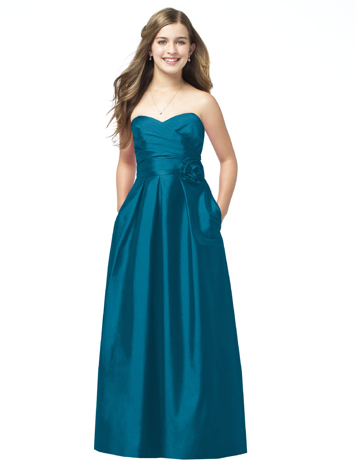 Teal A Line Strapless Sweetheart Zipper Floor Length Satin Prom Dresses With Flowers And Pockets 