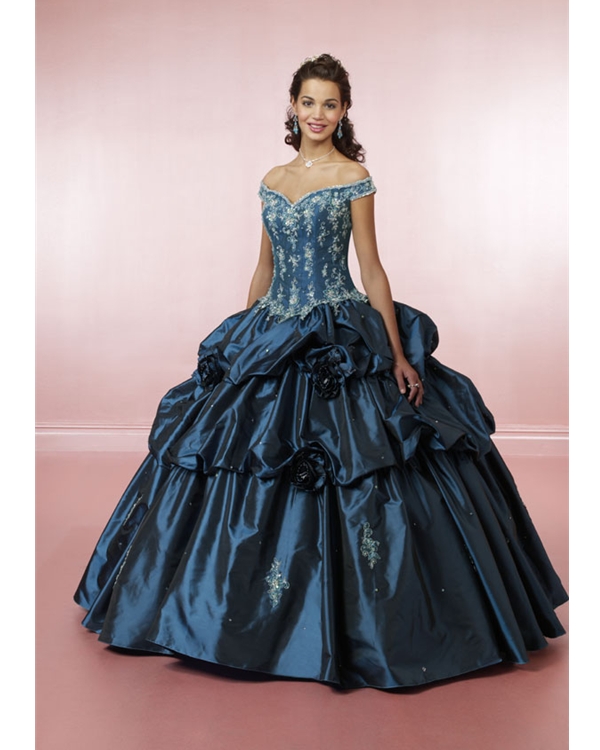 Teal Ball Gown Off The Shoulder And Sweetheart Lace Up Floor Length Embroidered Ruffled Quinceanera Dresses