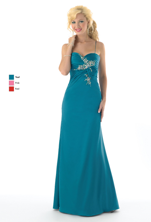 Teal Column Spaghetti Straps And Sweetheart Full Length Beading Applique Satin Prom Dresses