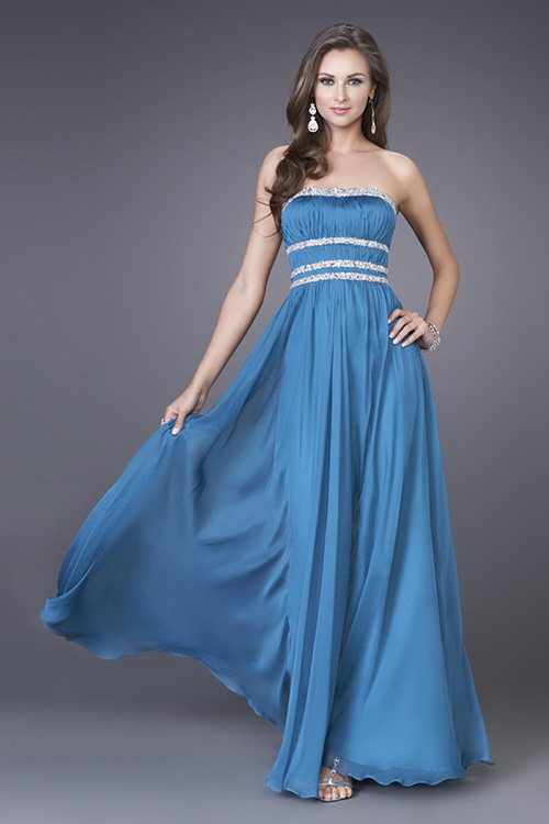 Blue A Line Strapless Low Back Floor Length Evening Dresses With Sequins And Pleats