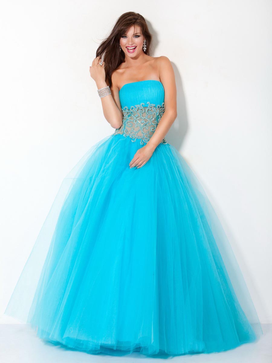 Turquoise A Line Strapless Zipper Floor Length Tulle Graduation Dresses With Lace Waist