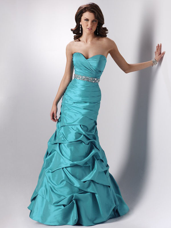 Turquoise Mermaid Strapless Sweetheart Lace Up Full Length Satin Prom Dresses With Sequins And Twist Drapes