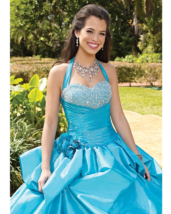 Turquoise Ball Gown Halter And Sweetheart Lace Up Full Length Quinceanera Dresses With Sequins And Twist Drapes
