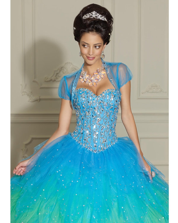 Gradient Turquoise Ball Gown Strapless Sweetheart Lace Up Floor Length Beaded And Sequined Tulle Quinceanera Dresses