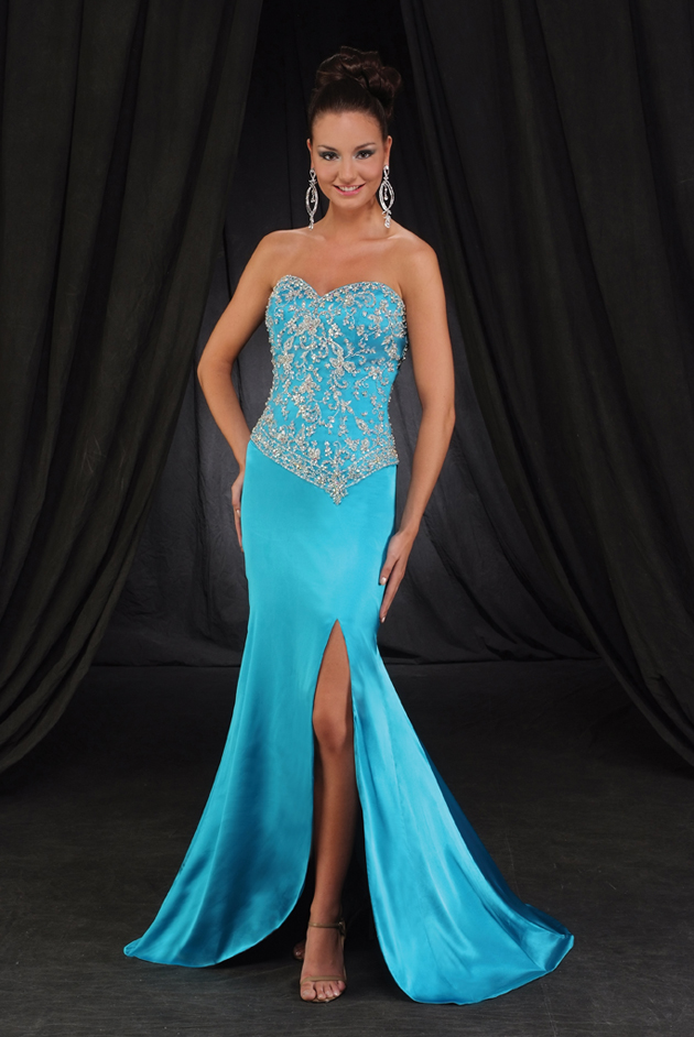 Turquoise Mermaid Strapless Sweetheart Zipper Sweep Train Floor Length Satin Prom Dresses With Beading And Side Slit 