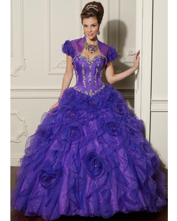 Violet Ball Gown Strapless Sweetheart Full Length Quinceanera Dresses With Beadings And Ruffles And Rosette 