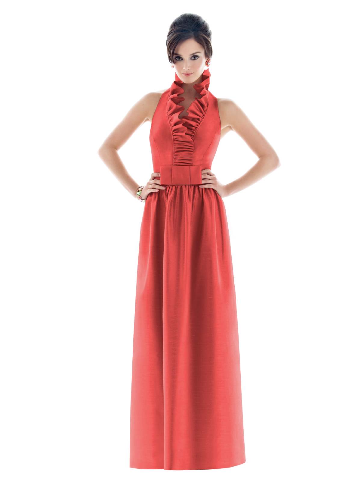 Watermelon A Line Flounced Halter Low Back Floor Length Prom Dresses With Belt 
