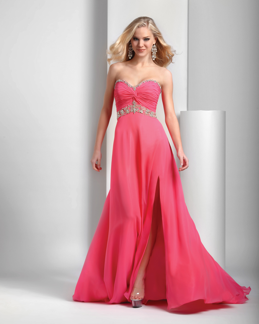 Watermelon Empire Strapless Sweetheart Side Slit Zipper Sweep Train Floor Length Chiffon Prom Dresses