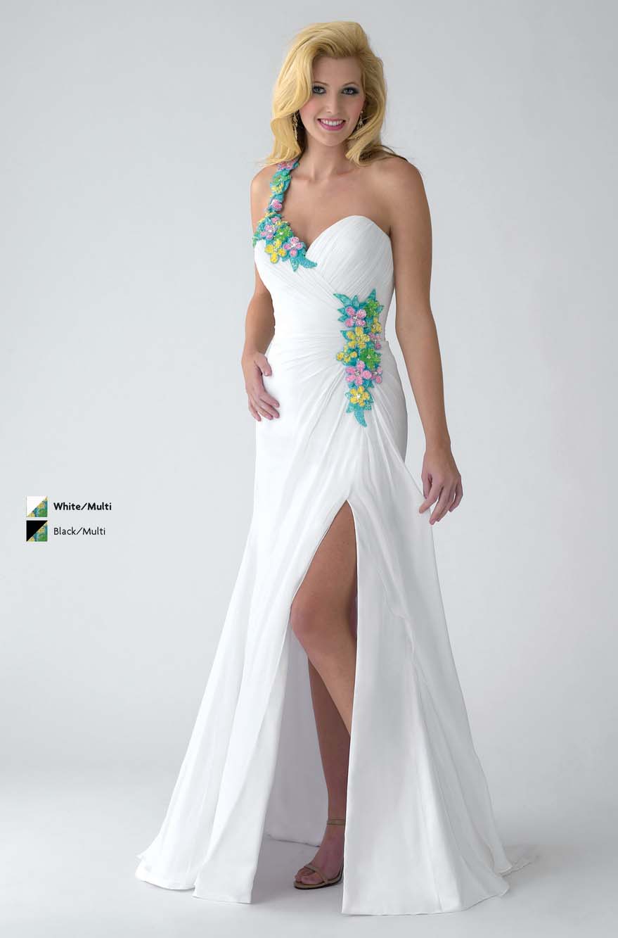 White A Line One Shoulder Zipper Floor Length Chiffon Prom Dresses With Colorful Appliques And Side Slit 