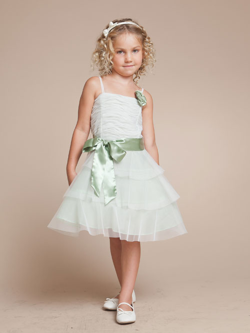 White A Line Spaghetti Straps Zipper Knee Length Tiered Flower Girl Dresses With Sage Sash