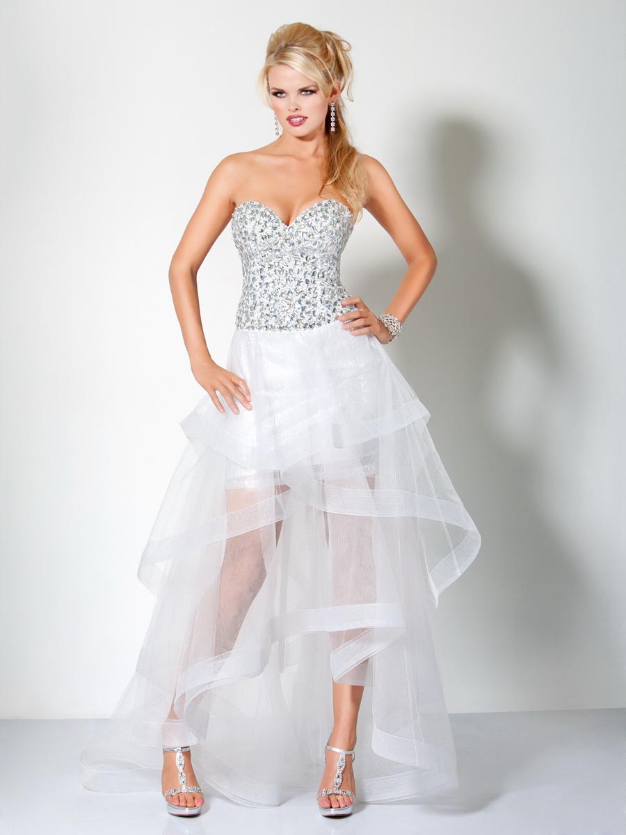 White And Silver Sweetheart Strapless Lace Up Hi Low A Line Celebrity Dresses With Sequins 