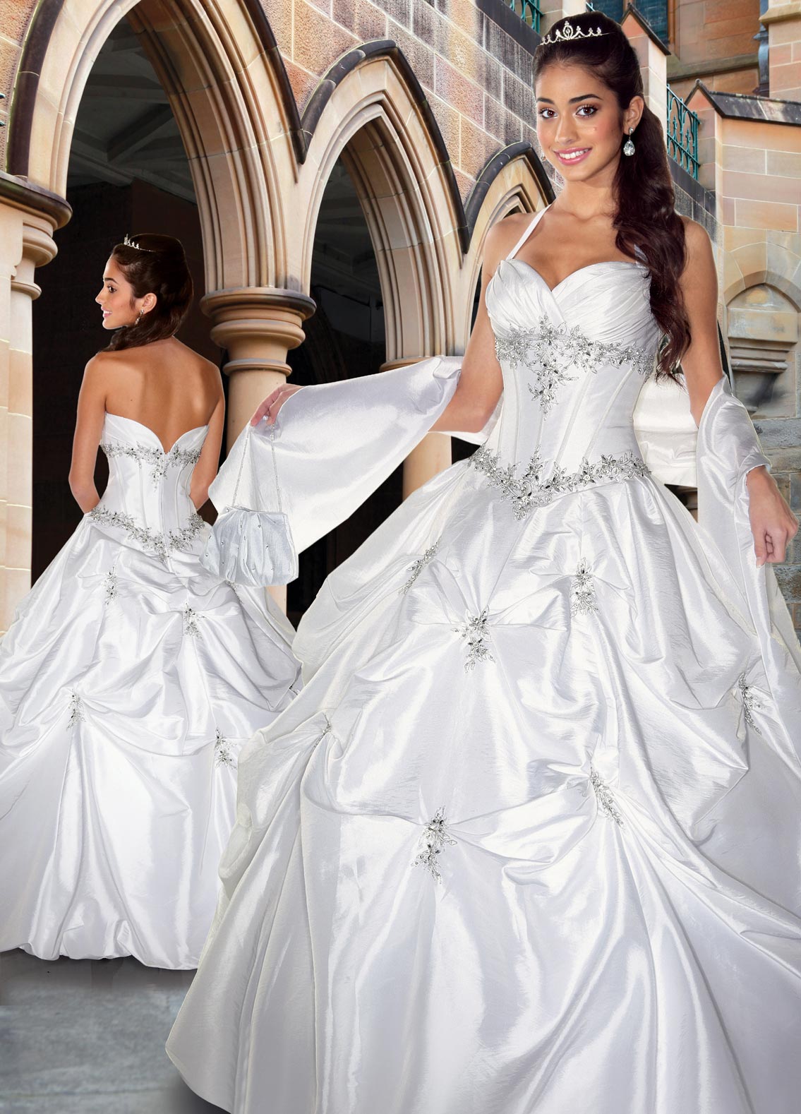 White Ball Gown Halter And Sweetheart Zipper Full Length Satin Quinceanera Dresses With Beading Embroidery