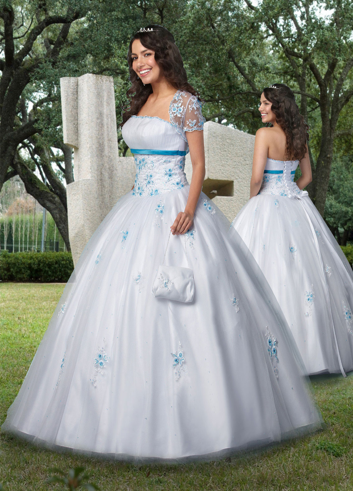 White Ball Gown Strapless Lace Up Full Length Tulle Quinceanera Dresses With Blue Appliques 