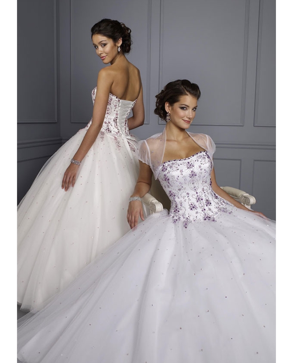 White Ball Gown Strapless Lace Up Full Length Organza Quinceanera Dresses With Jewel 