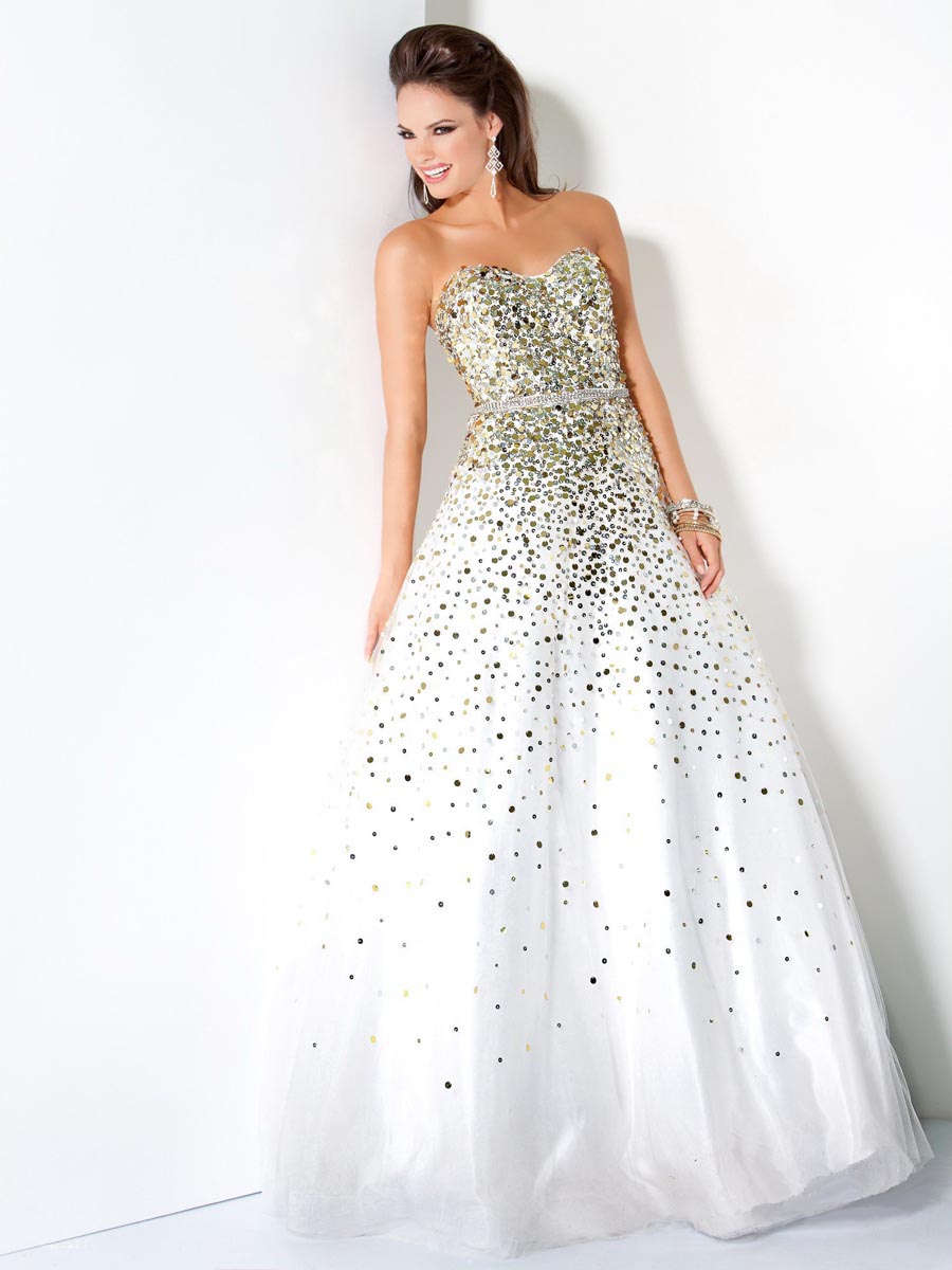 White A Line Sweetheart Floor Length Zipper Evening Dresses With Sequins