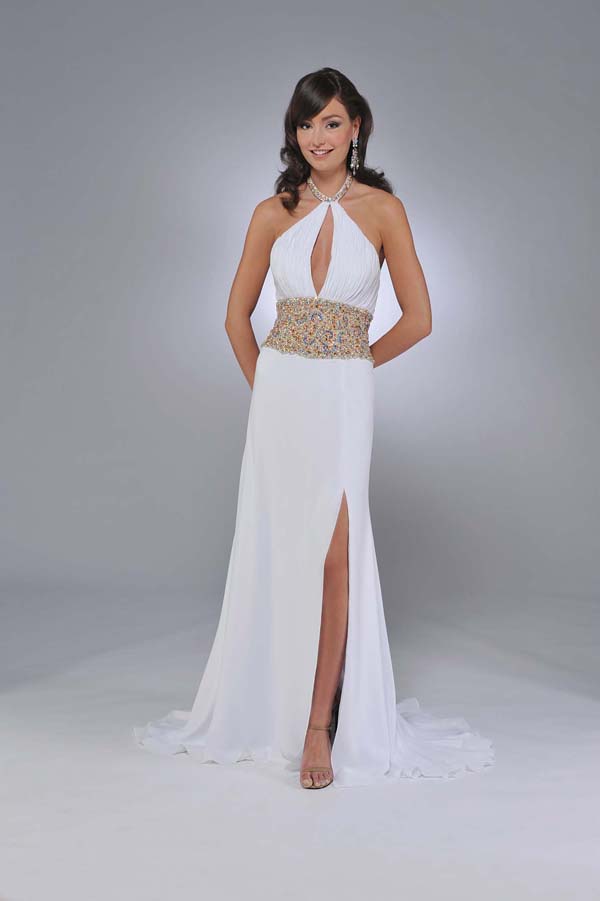White Column Halter Backless Sweep Train Full Length Chiffon Prom Dresses With Beading And Side Slit 