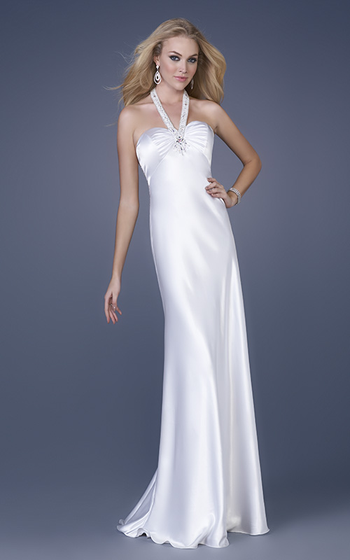 White Column Halter Low Back Sweep Train Beading Floor Length Evening Dresses
