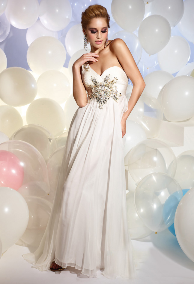 White Column One Shoulder Floor Length Sweep Brush Train Beaded Chiffon Evening Dresses