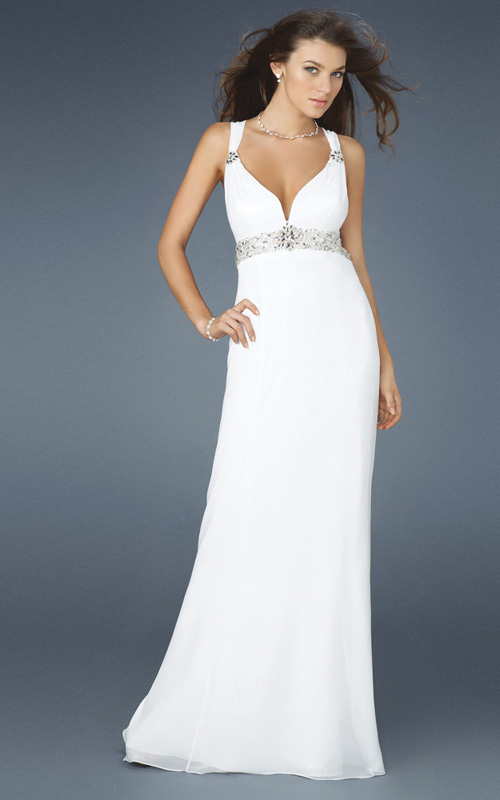 White Column Strap And Sweetheart Cross Back Sweep Train Full Length Evening Dresses With Beading