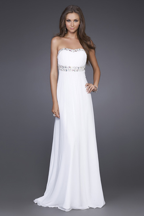 White Empire Strapless Sweetheart Backless Sweep Train Beading Floor Length Chiffon Celebrity Dresses