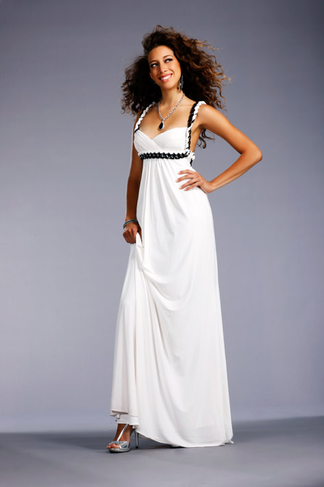 White Empire Sweetheart Cross Back Floor Length Evening Dresses With Black Sash