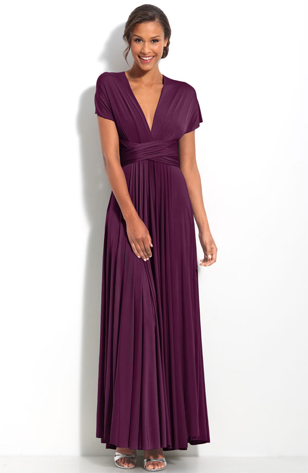 Grape Column Deep V Neck And Short Sleeves Cross Back Pleated Ankle Length Prom Dresses