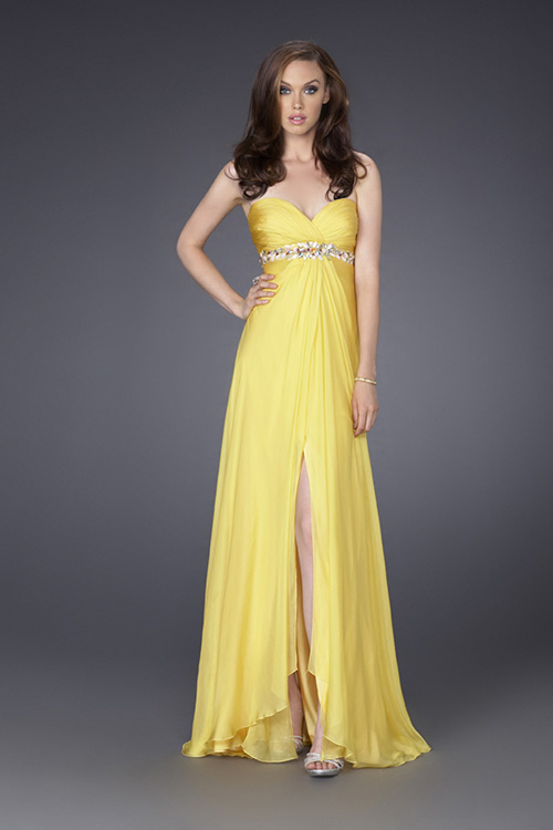 Yellow A Line Strapless Sweetheart Zipper Sweep Train Beading Ankle Length Evening Dresses With High Slit 