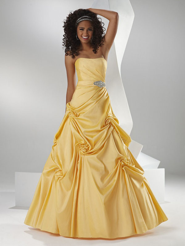 Yellow A Line Strapless Lace Up Floor Length Satin Prom Dresses With Twist Drapes