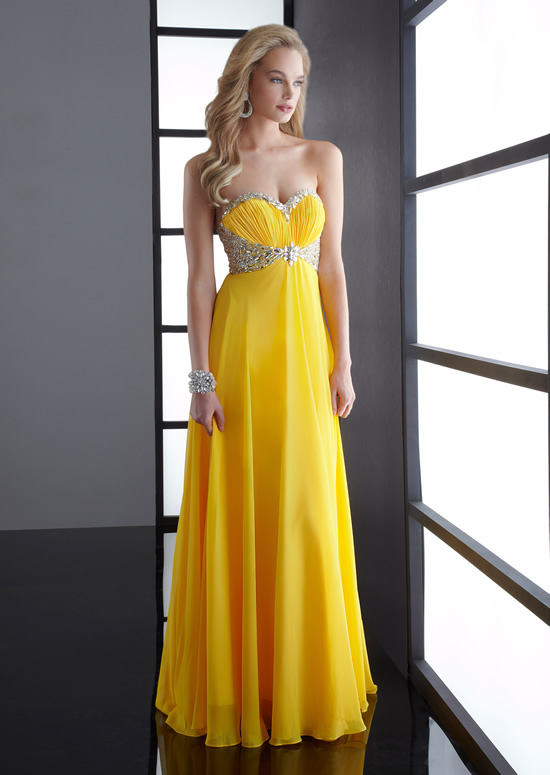 Yellow Empire Strapless Sweetheart Low Back Floor Length Chiffon Evening Dresses With Beadings
