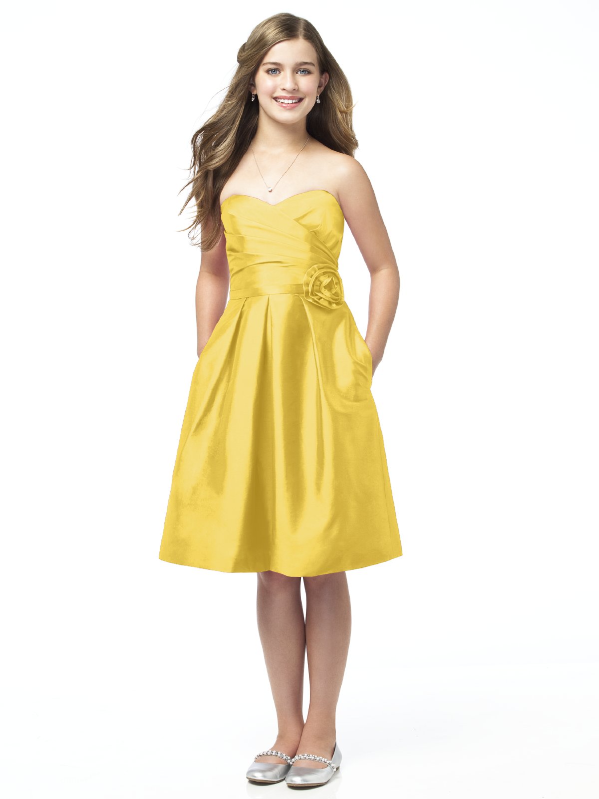Yellow A Line Strapless Sweetheart Zipper Knee Length Satin Prom Dresses With Flowers And Pockets 