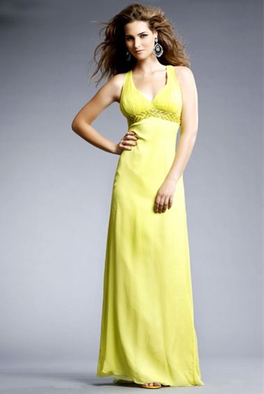 Lightweight Yellow A Line V Neck Floor Length Evening Dresses With Beading Belt