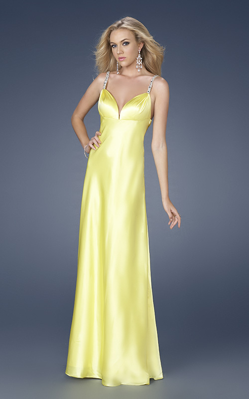 Yellow Column Beading Spaghetti Straps Open Back Floor Length Evening Dresses 