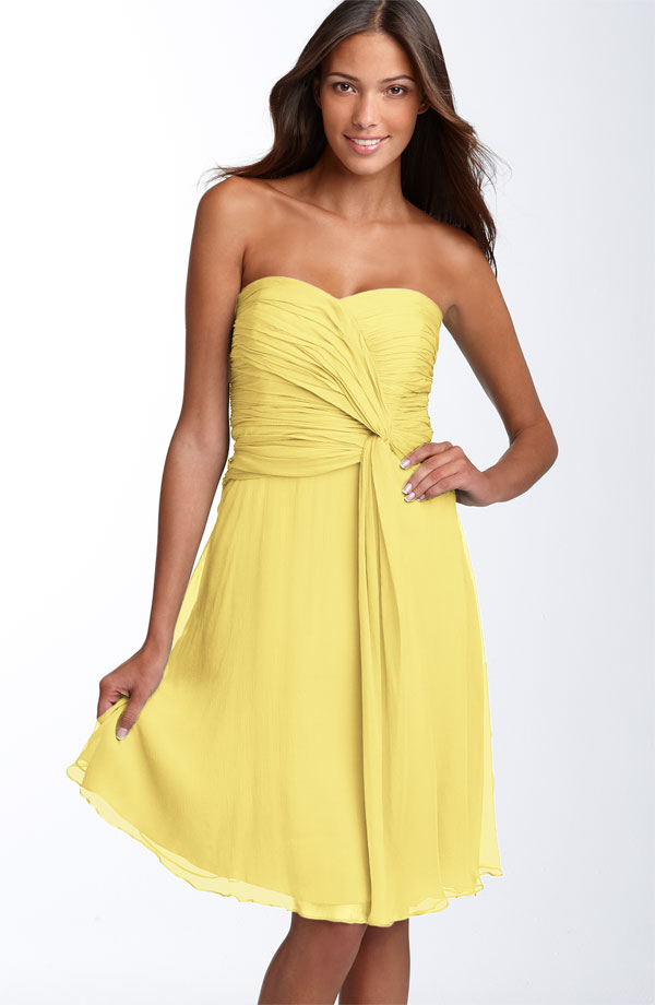 Column Sweetheart Knee Length Zipper Yellow Chiffon Bridesmaid Dresses