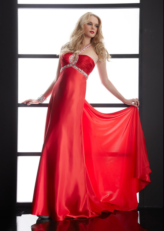 Red Sheath Halter Open Back Sweep Train Floor Length Satin Evening Dresses With Beading 