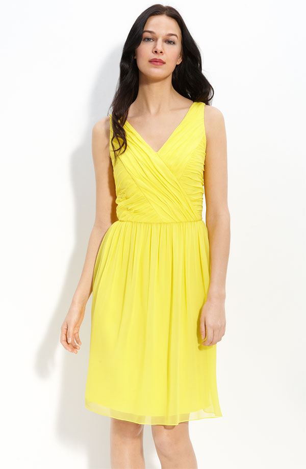 Yellow Sheath Column V Neck Knee Length Zipper Chiffon Bridesmaid Dresses With Ruffles 