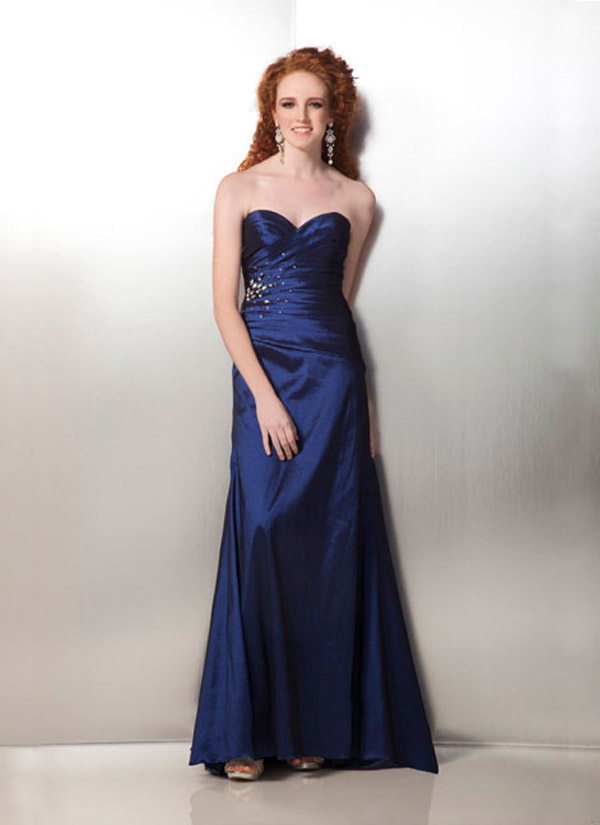 Navy Blue A Line Strapless Sweetheart Full Length Satin Formal Dresses 
