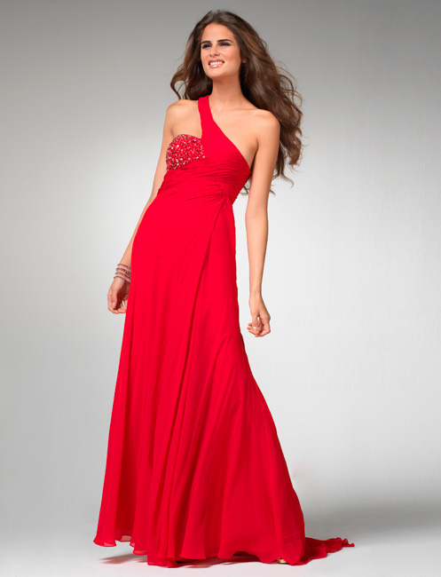 One Shoulder Floor Length Sweep Train Scarlet Chiffon Prom Dress With Beads