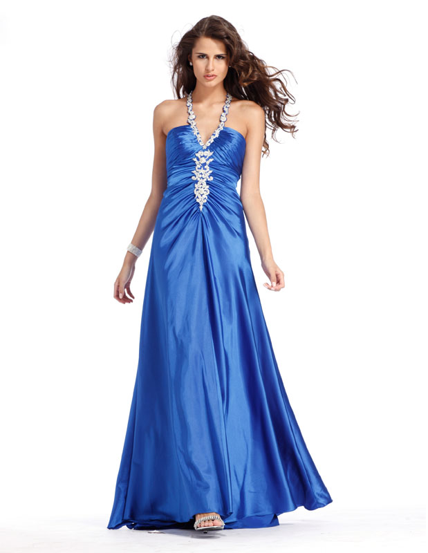 Turquoise Halter Floor Length A-Line Prom Dress With White Applique