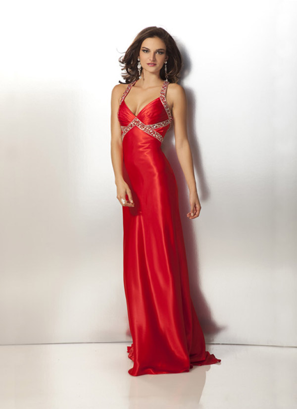 Red Halter Neck Open Back Floor Length Sheath Prom Dress With Beads