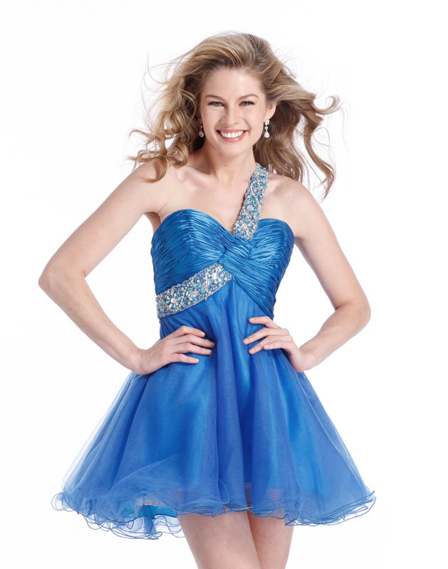 Girly Blue One Shoulder Short Mini Length Empire Tulle Prom Dress With ...