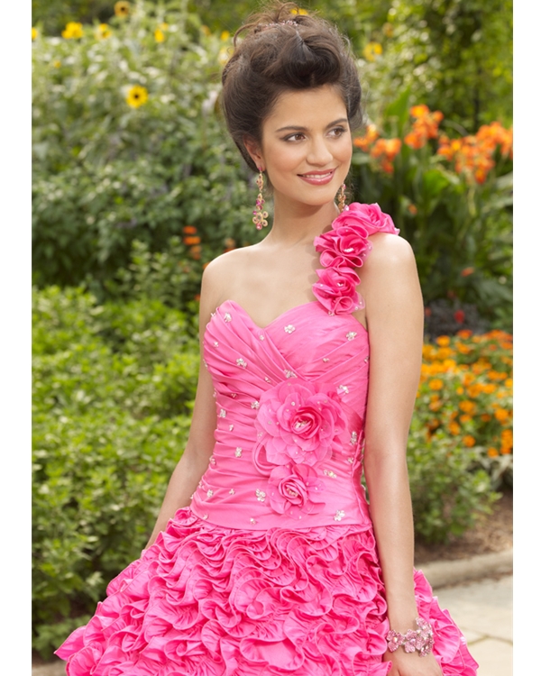 One Shoulder Sweetheart Floor Length Pink Ball Gowns Taffeta Quinceanera Dresses With Flowers And Ruffles