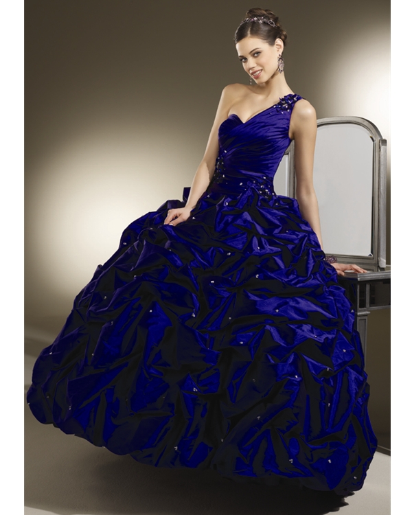 Dark Royal Blue One Shoulder Sweetheart Floor Length Ball Gown Taffeta Quinceanera Dresses With Twist Drapes